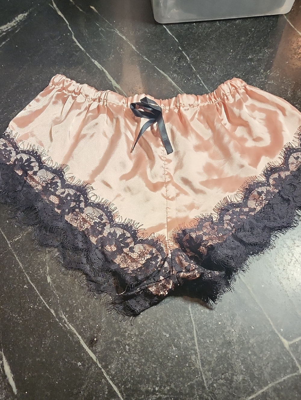 Pink Satin And Black Lace Trim Sleep Shorts NWOT Size Large